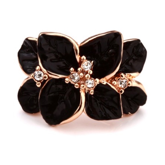 Black Enamel Flower Rose Gold Earrings - Picture 2 of 5